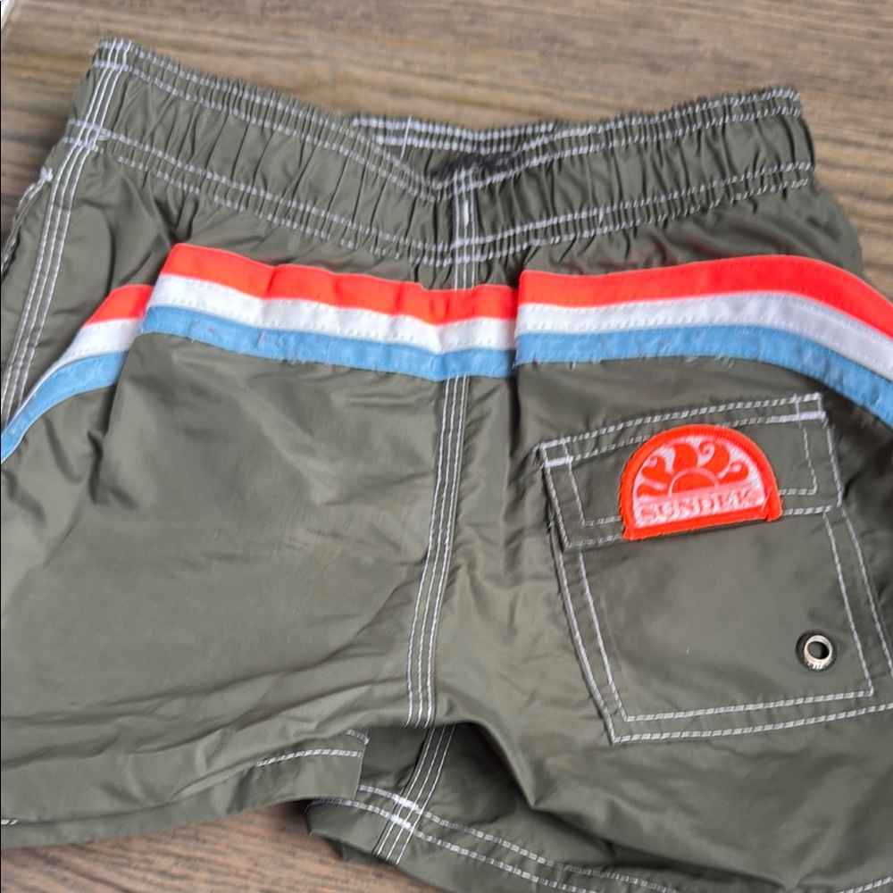 Sundek Kids Swim Trunks - Olive with Red and Blue Stripes